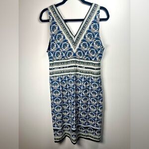 Nicole by Nicole Miller Blue, White and Black V-Neck Sheath Dress size 14